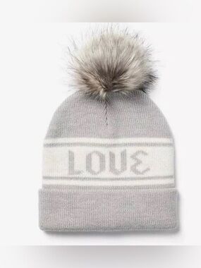 Express Gray Knit Pom Pom Beanie with 'LOVE' Band